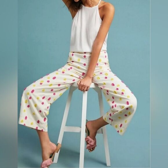 🔹️Anthropologie Cream w/Pink & Yellow Dot Wide Leg Cropped Pants Size 10 - Picture 14 of 15